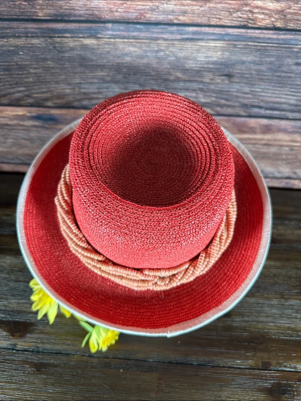 Kokin Vintage Red Straw Hat with Coral Beaded Band